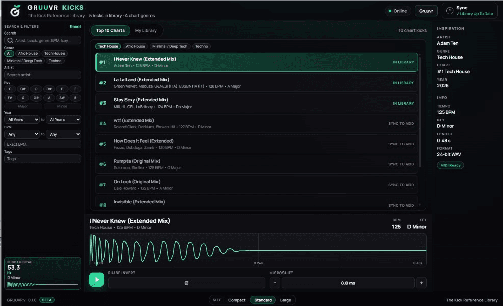 GRUUVR KICKS plugin — browse Top 10 chart kicks by genre and audition them instantly